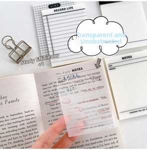Detail of translucent waterproof PET sticky notes used for highlighting text in a book
