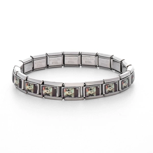 Macro shot of Italian style stainless steel charm bracelet links featuring cat patterns