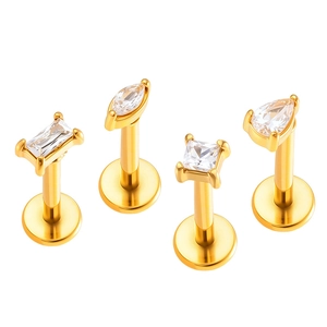 Set of four gold stainless steel stud earrings with geometric cubic zirconia stones