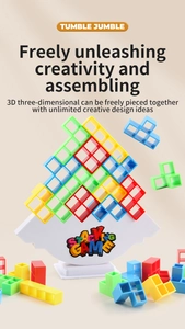 Detailed 3D view of Tumble Jumble stacking game with colorful blocks and white base