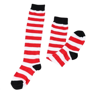 Detail of red and white striped kids over-knee socks with black heel and toe design