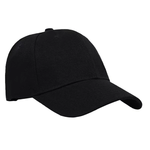Classic plain black cotton baseball cap with adjustable strap shown from a side profile