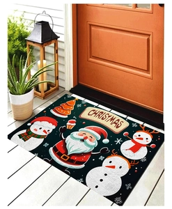 Cozy Christmas doormat with Santa and snowman patterns on a rustic wooden porch entryway