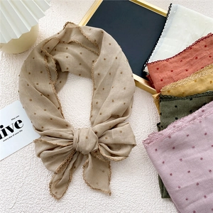 Polka dot cotton linen triangle scarf with lace trim available in multiple colors