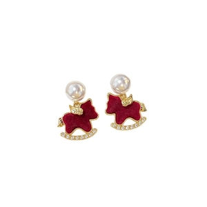 Elegant silver needle velvet horse earrings with white pearls and red rocking horse design