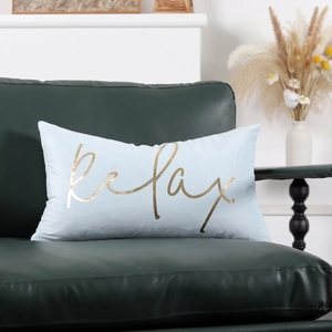 Detail of light blue velvet pillow with gold foil relax text on green leather sofa
