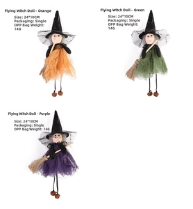Detailed size specifications for Halloween flying witch dolls in orange, green, and purple