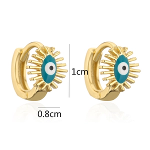 Detail shot of 18K gold plated evil eye hoop earrings with 1cm diameter measurement