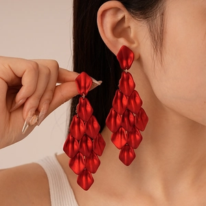 Statement red layered acrylic rose petal fringe earrings with elegant matte finish for women