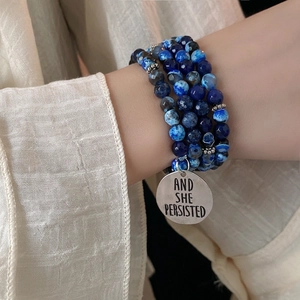 Bohemian multi-layer blue beaded bracelet with engraved round charm for women