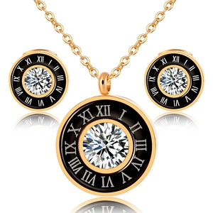 Parure De Bijoux Collier Et Boucles D'oreilles Chiffres Romains Acier Titane Plaqué Or 18 Carats Zircone Émail Noir Luxe Femmes