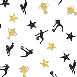 Glitter soccer theme party confetti set with black athletes gold stars and trophies