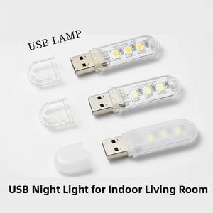 Close-up of three USB LED night lights with 4 beads and transparent protective caps
