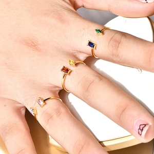 Minimalist gold plated titanium steel open rings set with colorful geometric gemstones