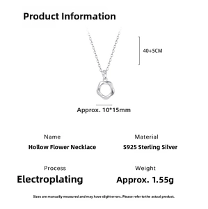 Detailed specs of S925 sterling silver hollow flower pendant necklace with dimensions