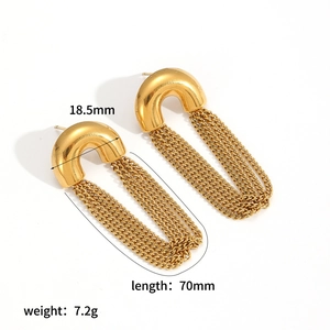 Polished gold stainless steel long chain tassel earrings 70mm drop minimalist design