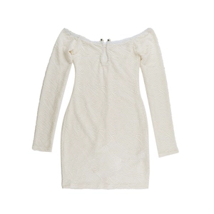 Detail of white lace off-shoulder dress featuring silver U-buckles and jacquard texture
