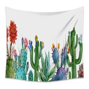 Close-up of artistic watercolor cactus and succulent print on white wall tapestry