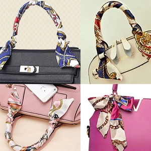 Detailed views of printed silk scarves styled on various handbags as decorative accents