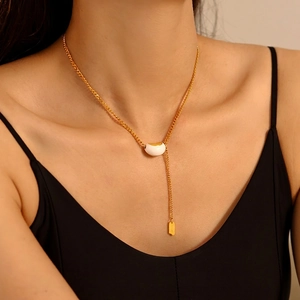 Stainless Steel Lucky Tag Bean Shaped Pendant Necklace Enamel Minimalist Luxury Gold Plated Clavicle Chain For Women