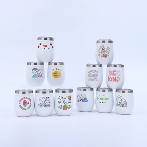 12oz stainless steel egg mugs with various colorful cartoon prints and slogans