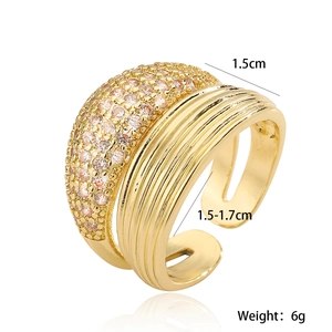 18K gold plated wide wave geometric ring with zircon stones in adjustable open design