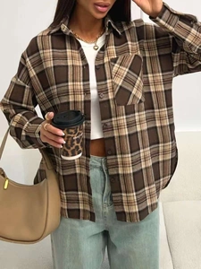Women's vintage plaid shirt with loose fit and long sleeves in brown and beige tones