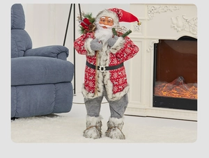 Detailed view of Santa Claus figurine with snowflake pattern and burlap gift bag decoration
