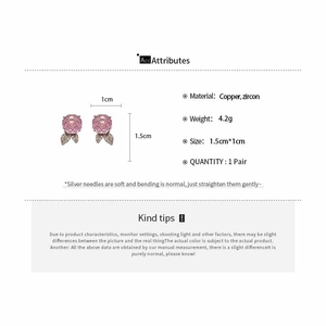 Detailliertes Datenblatt für rosa Blumenohrringe mit Maßen 1,5cm mal 1cm und Zirkon-Material