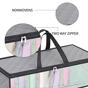 Grey non-woven clothing storage bag with clear window and two-way zipper for travel