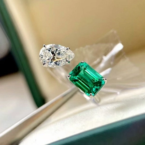 Elegant Copper Zirconia Open Ring Emerald Green Square Pear Shaped Adjustable Finger Ring For Women Jewelry Gift
