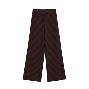 Pantaloni in maglia marrone scuro da donna con vita alta e texture a coste verticali