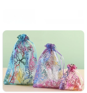 Three sizes of organza drawstring bags with colorful coral patterns and ribbon ties