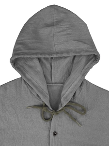 Detail of gray linen hoodie texture with green woven drawstring and black button collar