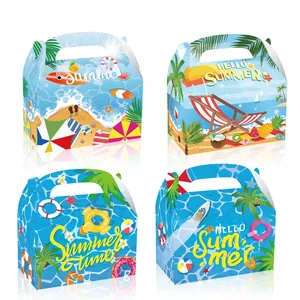 Detail of summer themed gift boxes featuring beach umbrellas and palm tree illustrations