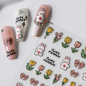 Cute rabbit and tulip nail art stickers with thin adhesive backing for 3D manicures