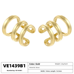 Polished gold brass triple hoop ear cuffs with dimensions 14mm by 16.5mm and 2.4g weight