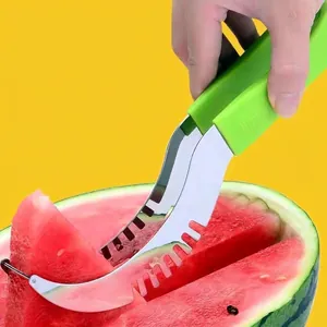 Stainless steel watermelon slicer with ergonomic green handle cutting fruit slices
