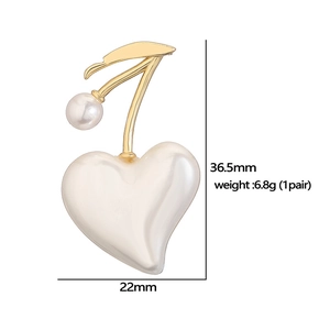 Elegant gold cherry earrings with white heart pearls and dimension specs 36.5mm x 22mm