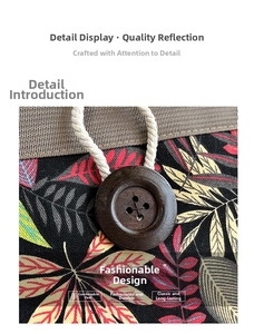 Close-up of colorful leaf print tote bag with wooden button and cotton rope detail