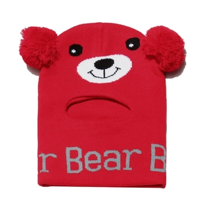 Kids red bear knit balaclava hat with cute pompom ears and windproof neck warmer
