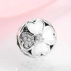 925 silver four-leaf clover charm with white enamel petals and cubic zirconia stones