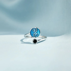 Minimalist S925 sterling silver open ring featuring blue enamel yin yang swirl and black zircon