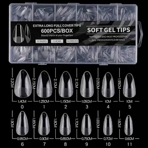 Size chart for 600 pieces of soft gel nail tips in 12 sizes with clear dimensions