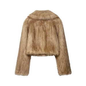 Back view of a fashionable brown short faux fur jacket with soft premium texture