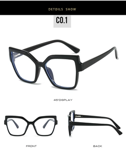 Three-angle views of black geometric full-frame glasses with spring hinges and clear lenses