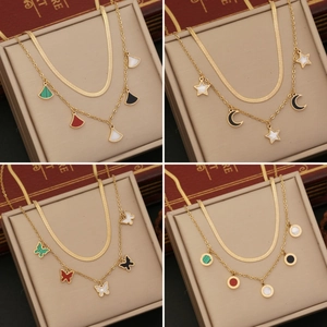 Stainless Steel Double Layer Necklace Gold Butterfly Star Moon Fan Pendant Fashion Jewelry For Women