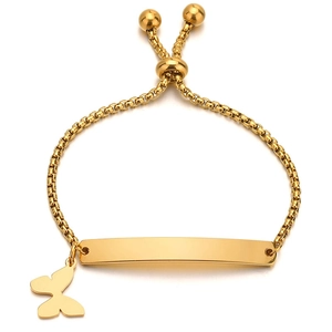 Detailed view of adjustable gold butterfly bar bracelet with polished rectangular plate