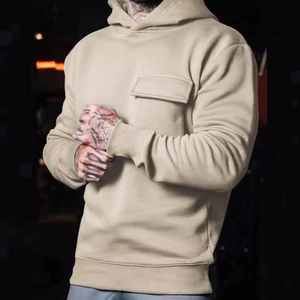 Men's khaki fashion hoodie with front pocket in a slim fit knit cotton design