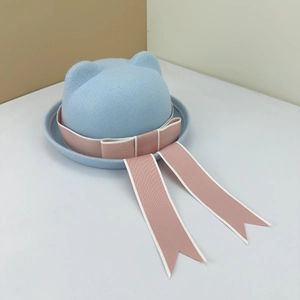 Japanese JK style wool felt cat ear hat for girls with light blue fabric and pink ribbon bow